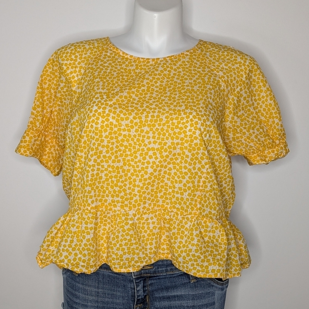 Popsugar Yellow Ditsy Floral Peplum Ruffle Cotton Blouse XXL